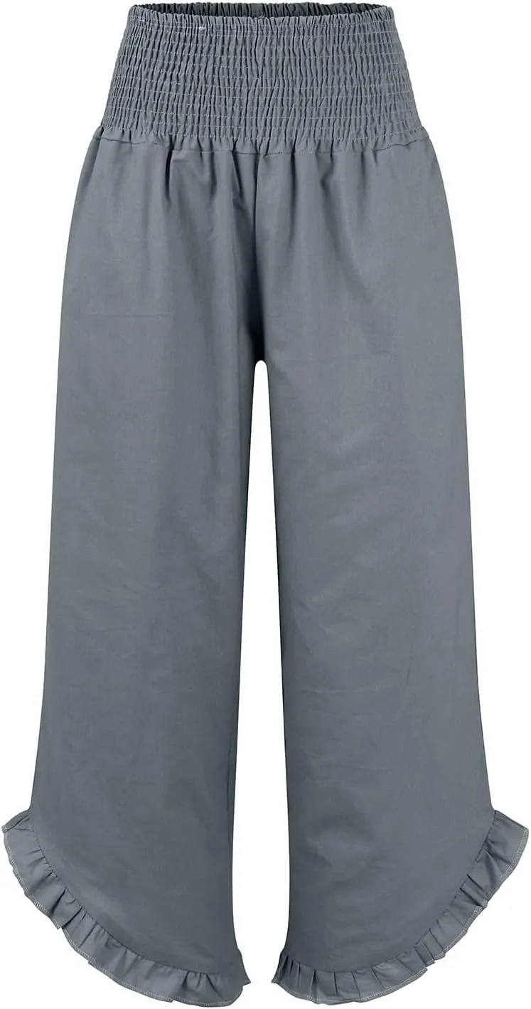 Linen Pants for Women High Waisted Smocked Ruffle Hem Wide Leg Palazzo Pants Summer Casual Loose Beach Pants Pocket