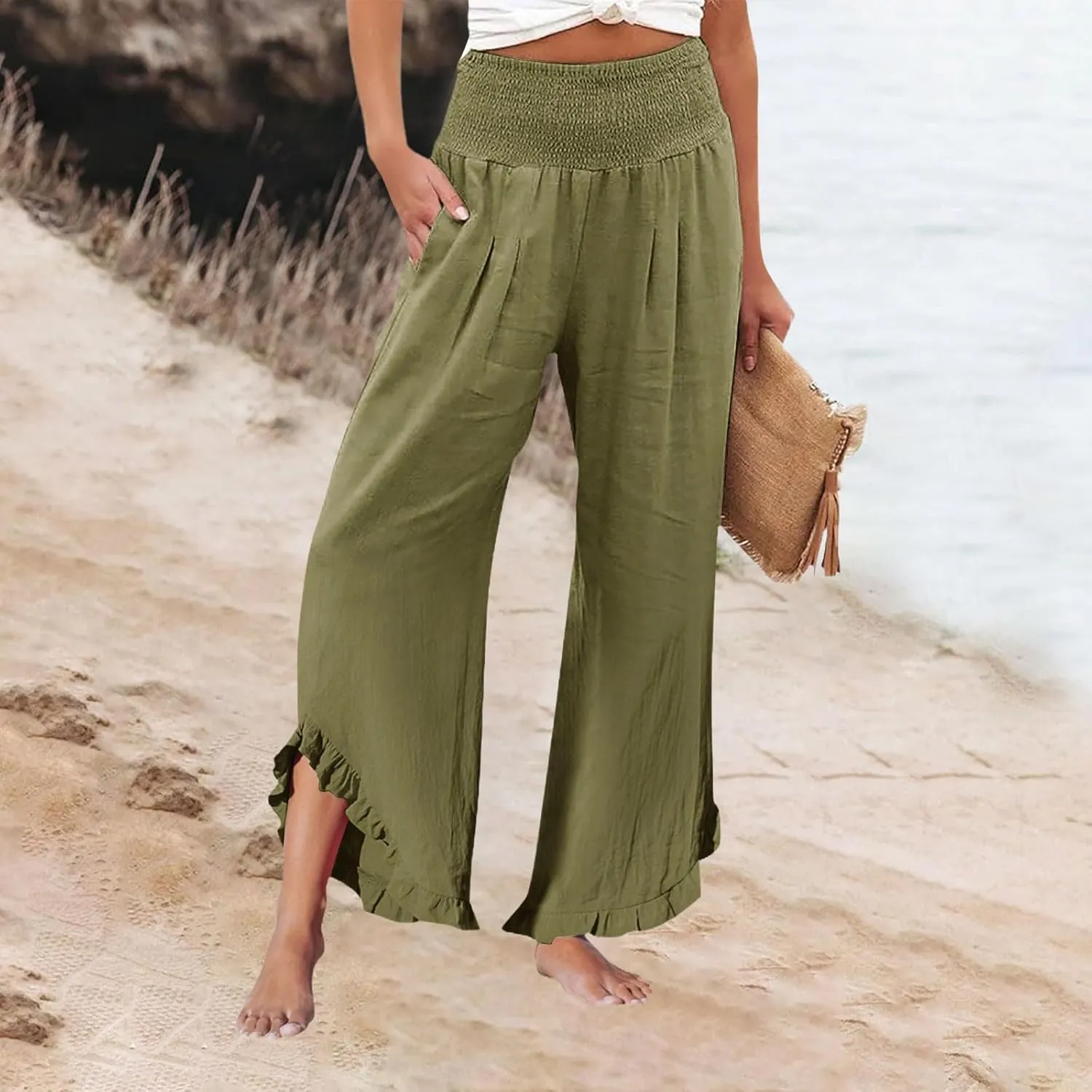 Linen Pants for Women High Waisted Smocked Ruffle Hem Wide Leg Palazzo Pants Summer Casual Loose Beach Pants Pocket