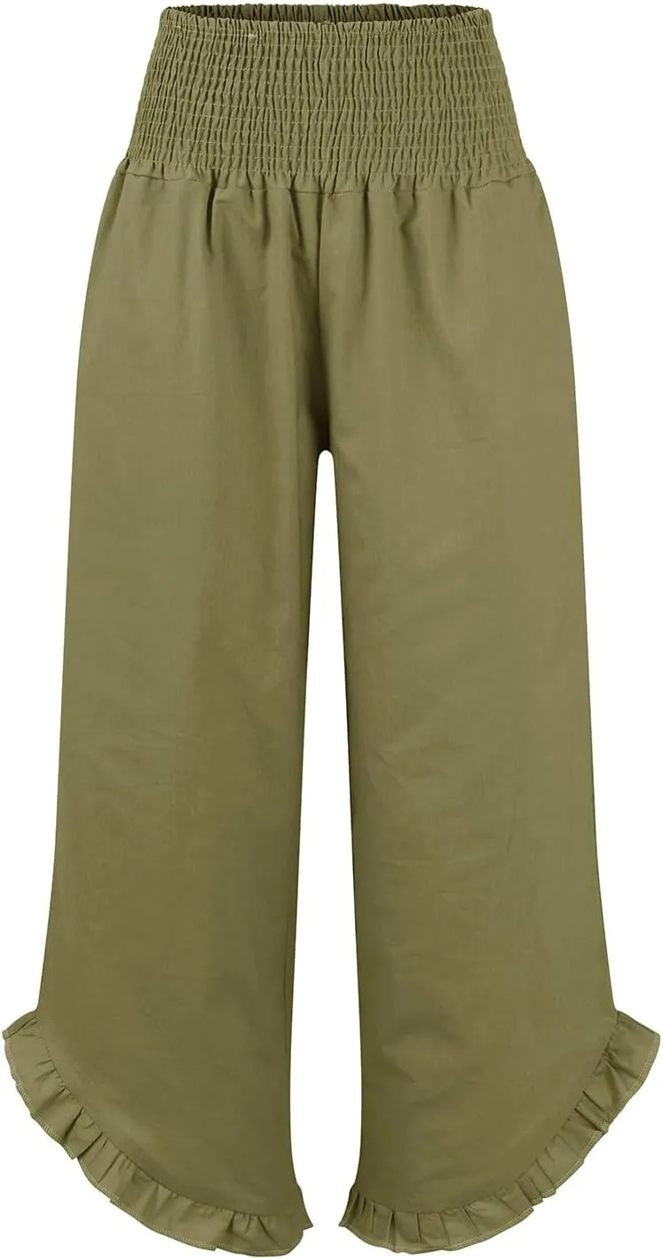 Linen Pants for Women High Waisted Smocked Ruffle Hem Wide Leg Palazzo Pants Summer Casual Loose Beach Pants Pocket