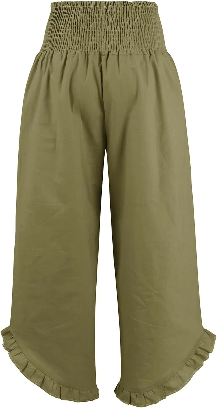Linen Pants for Women High Waisted Smocked Ruffle Hem Wide Leg Palazzo Pants Summer Casual Loose Beach Pants Pocket