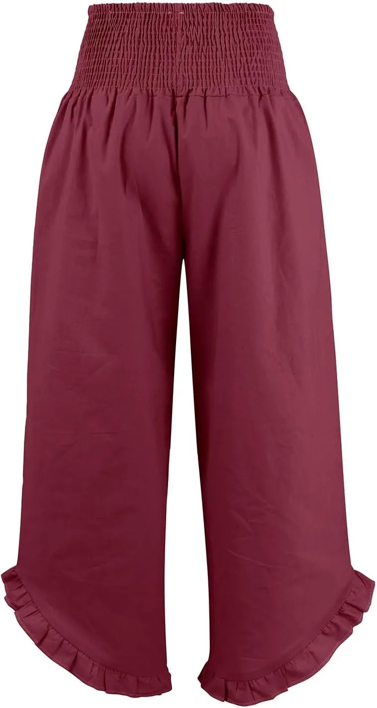 Linen Pants for Women High Waisted Smocked Ruffle Hem Wide Leg Palazzo Pants Summer Casual Loose Beach Pants Pocket