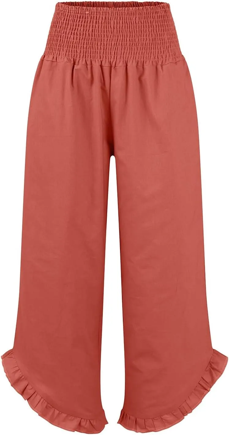Linen Pants for Women High Waisted Smocked Ruffle Hem Wide Leg Palazzo Pants Summer Casual Loose Beach Pants Pocket