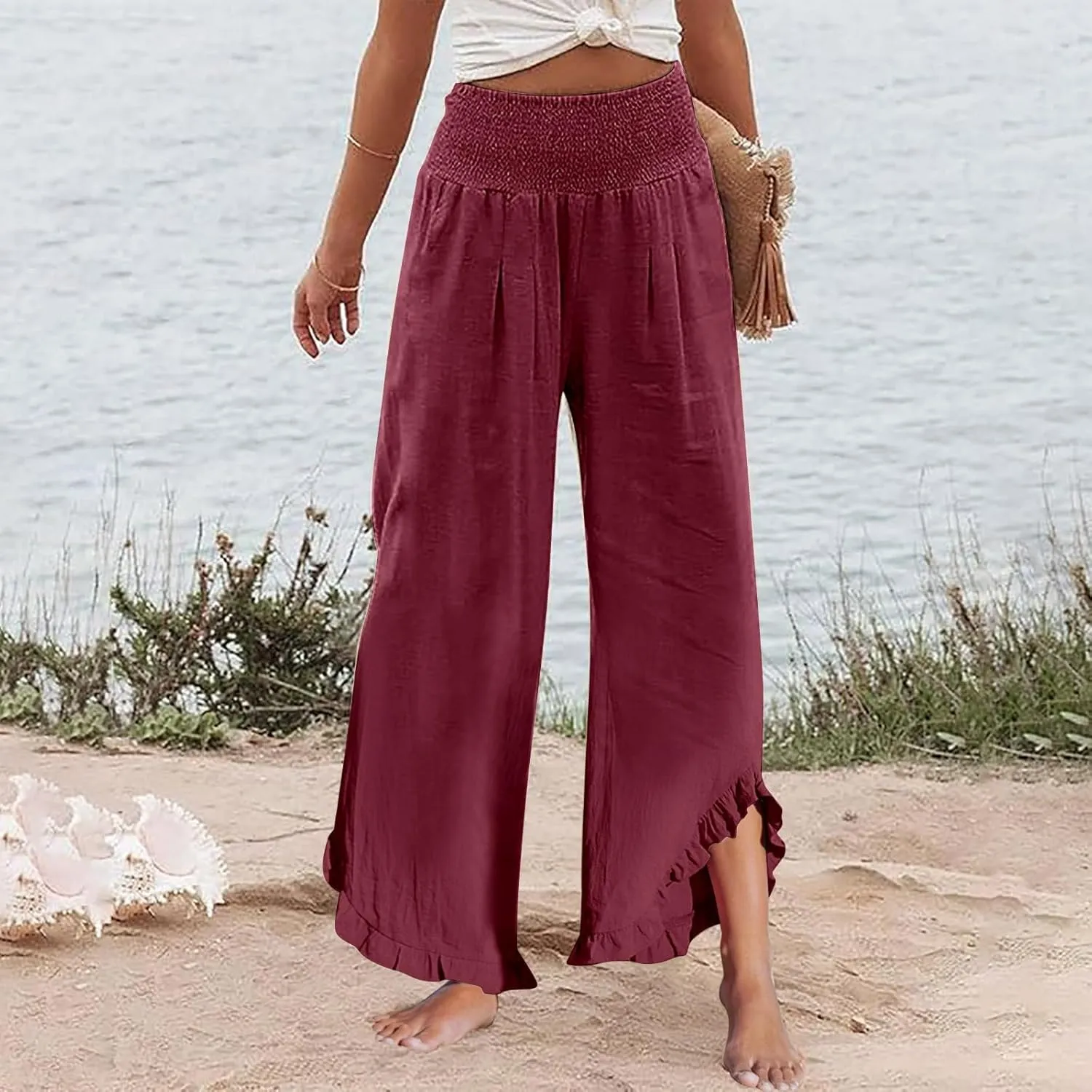 Linen Pants for Women High Waisted Smocked Ruffle Hem Wide Leg Palazzo Pants Summer Casual Loose Beach Pants Pocket