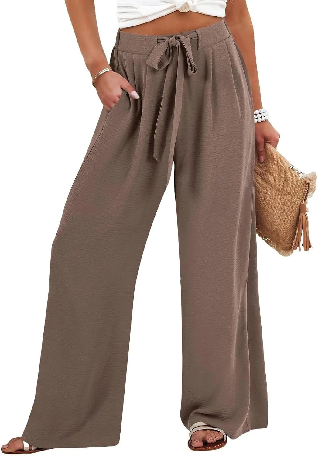 Linen Pants for Women Summer High Waist Drawstring Wide Leg Lounge Trousers Casual Loose Beach Pant with Pocket