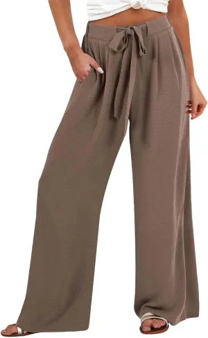 Linen Pants for Women Summer High Waist Drawstring Wide Leg Lounge Trousers Casual Loose Beach Pant with Pocket