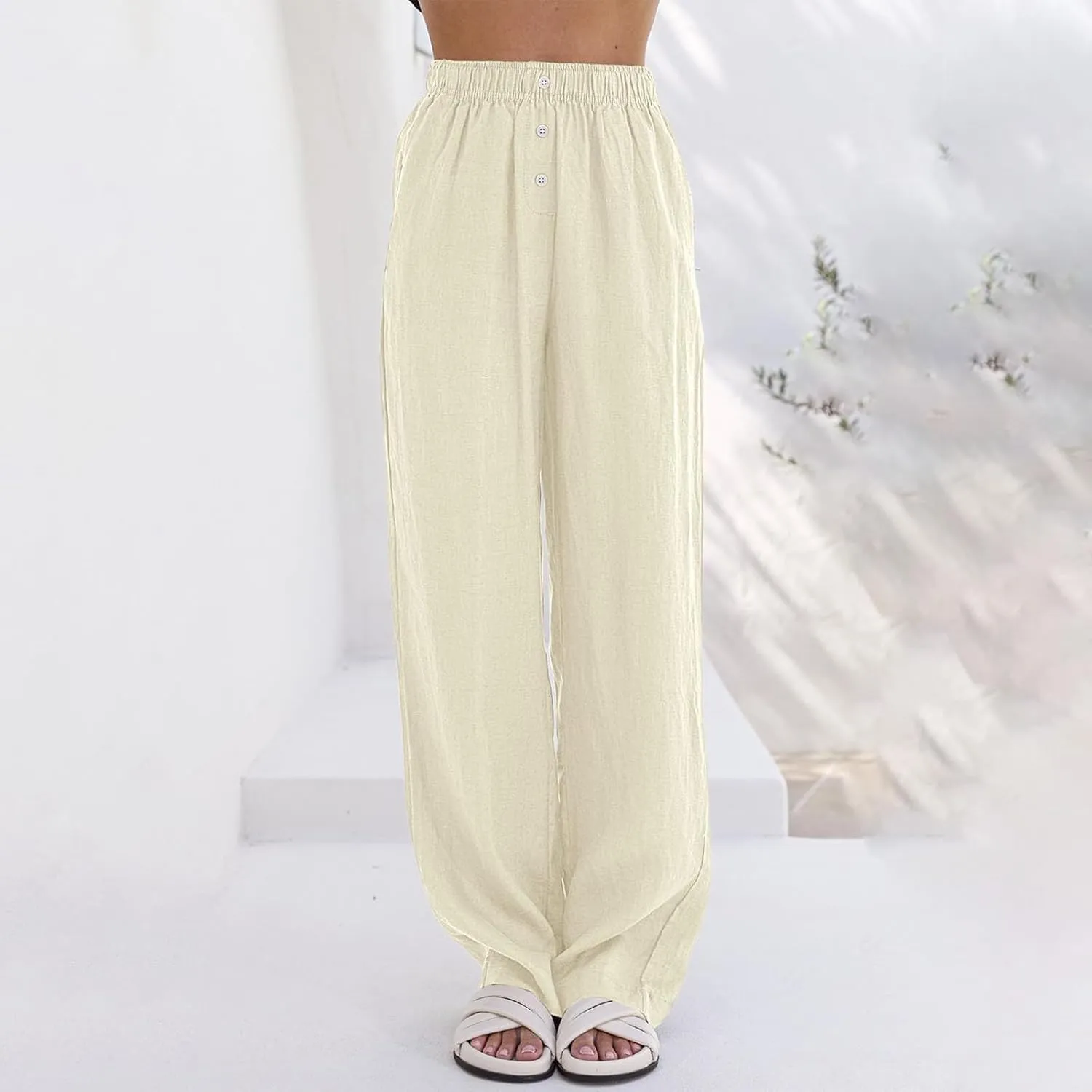Linen Pants Women Comfy Flowy Wide Leg Pants Summer Baggy High Waisted Palazzo Beach Pants Trousers with Pockets