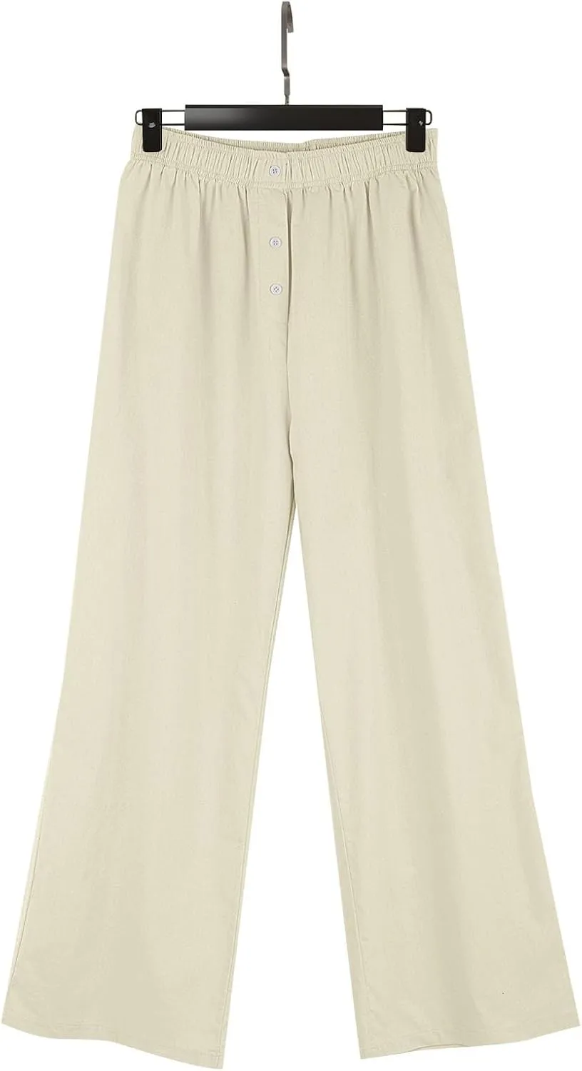 Linen Pants Women Comfy Flowy Wide Leg Pants Summer Baggy High Waisted Palazzo Beach Pants Trousers with Pockets
