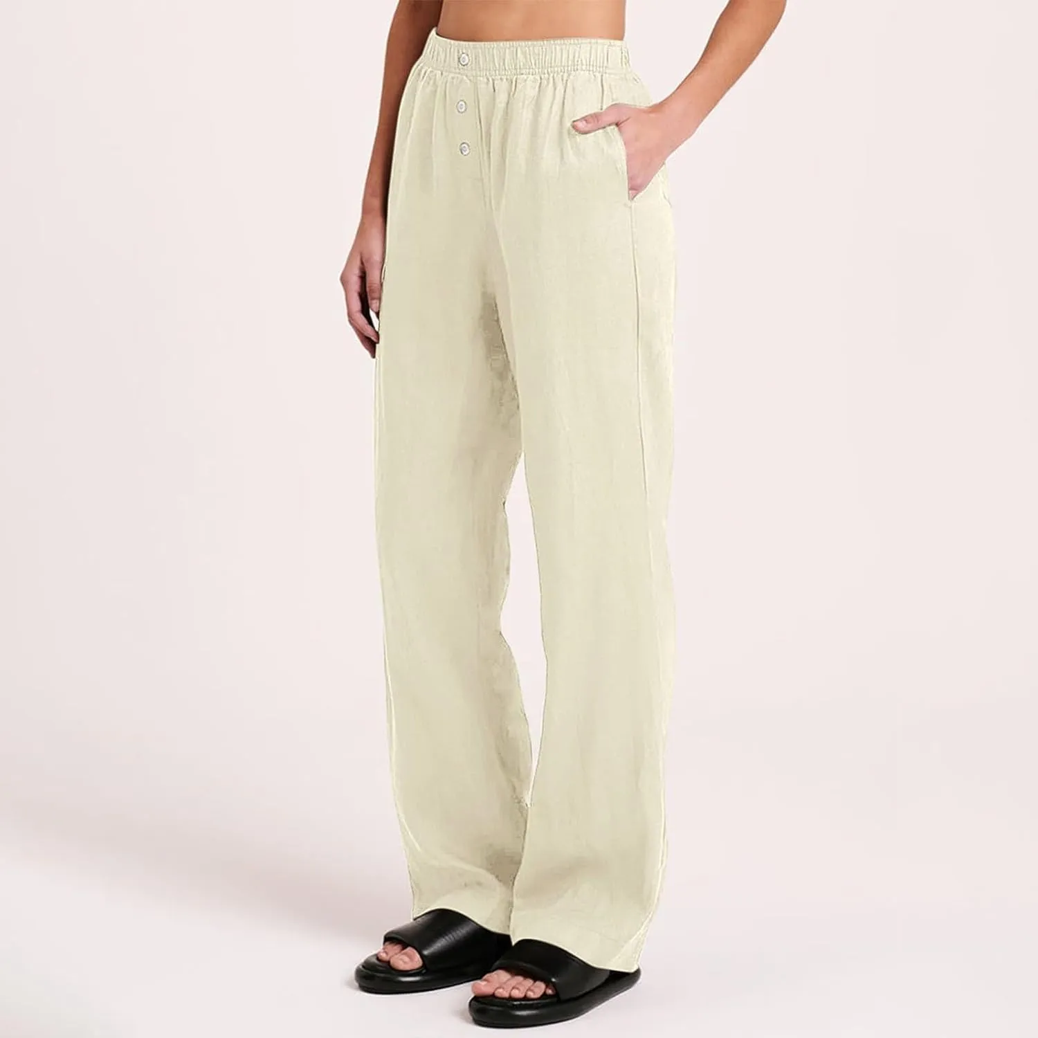 Linen Pants Women Comfy Flowy Wide Leg Pants Summer Baggy High Waisted Palazzo Beach Pants Trousers with Pockets