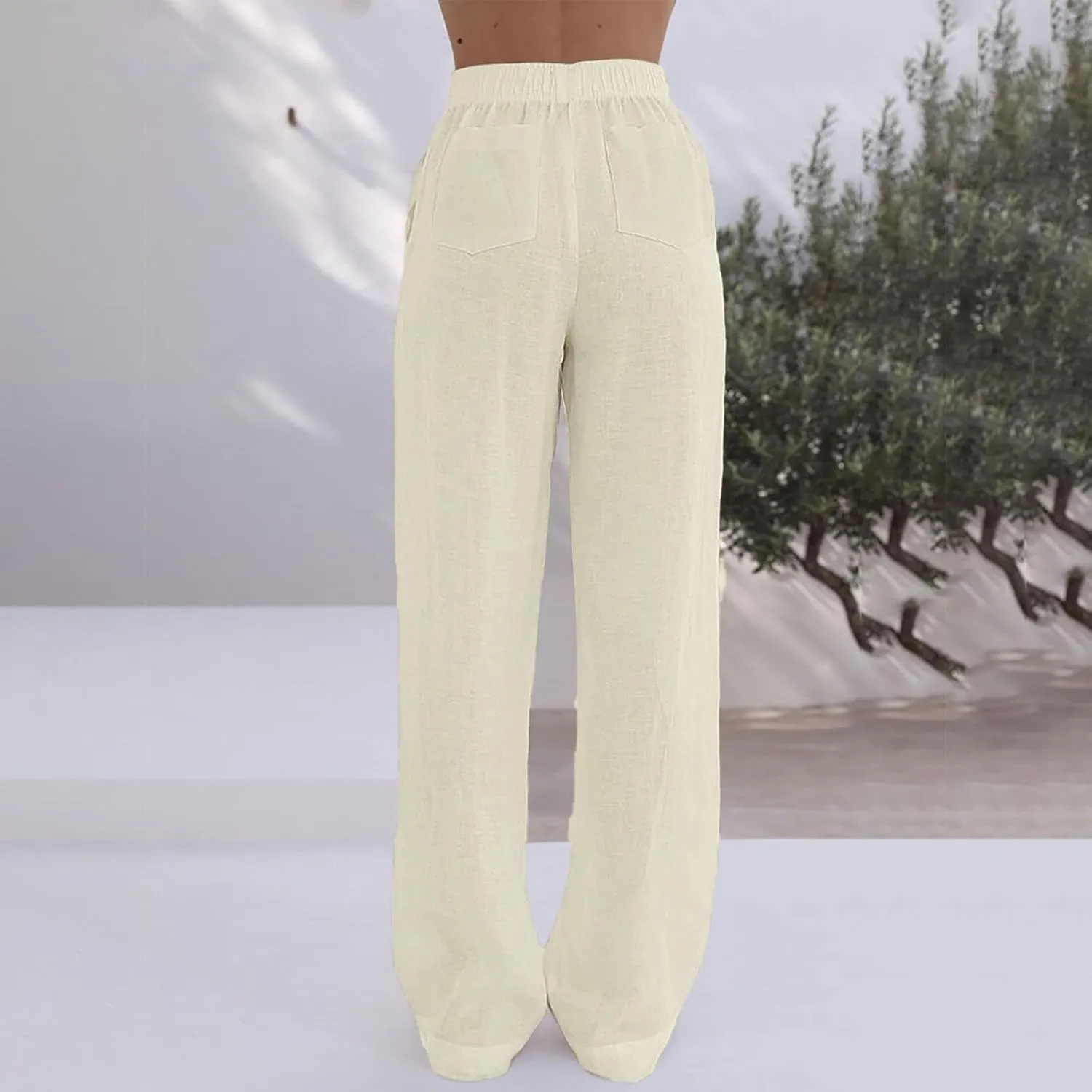 Linen Pants Women Comfy Flowy Wide Leg Pants Summer Baggy High Waisted Palazzo Beach Pants Trousers with Pockets
