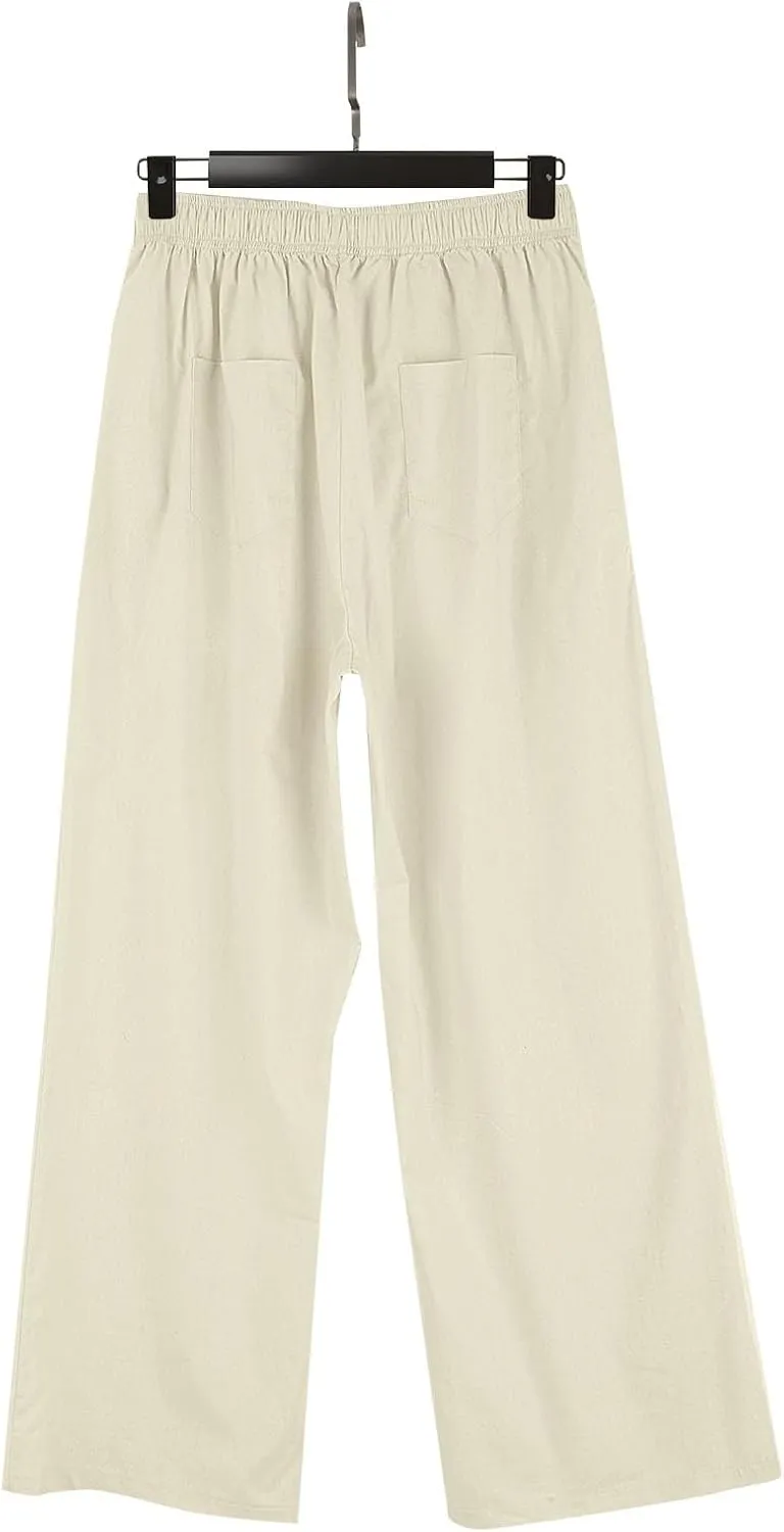 Linen Pants Women Comfy Flowy Wide Leg Pants Summer Baggy High Waisted Palazzo Beach Pants Trousers with Pockets