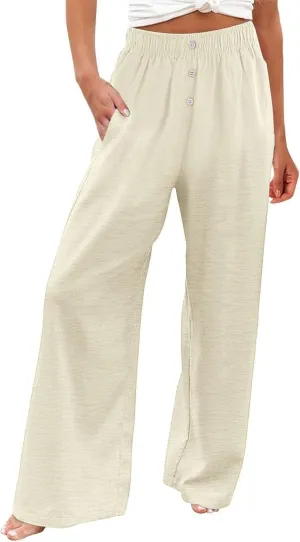 Linen Pants Women Comfy Flowy Wide Leg Pants Summer Baggy High Waisted Palazzo Beach Pants Trousers with Pockets