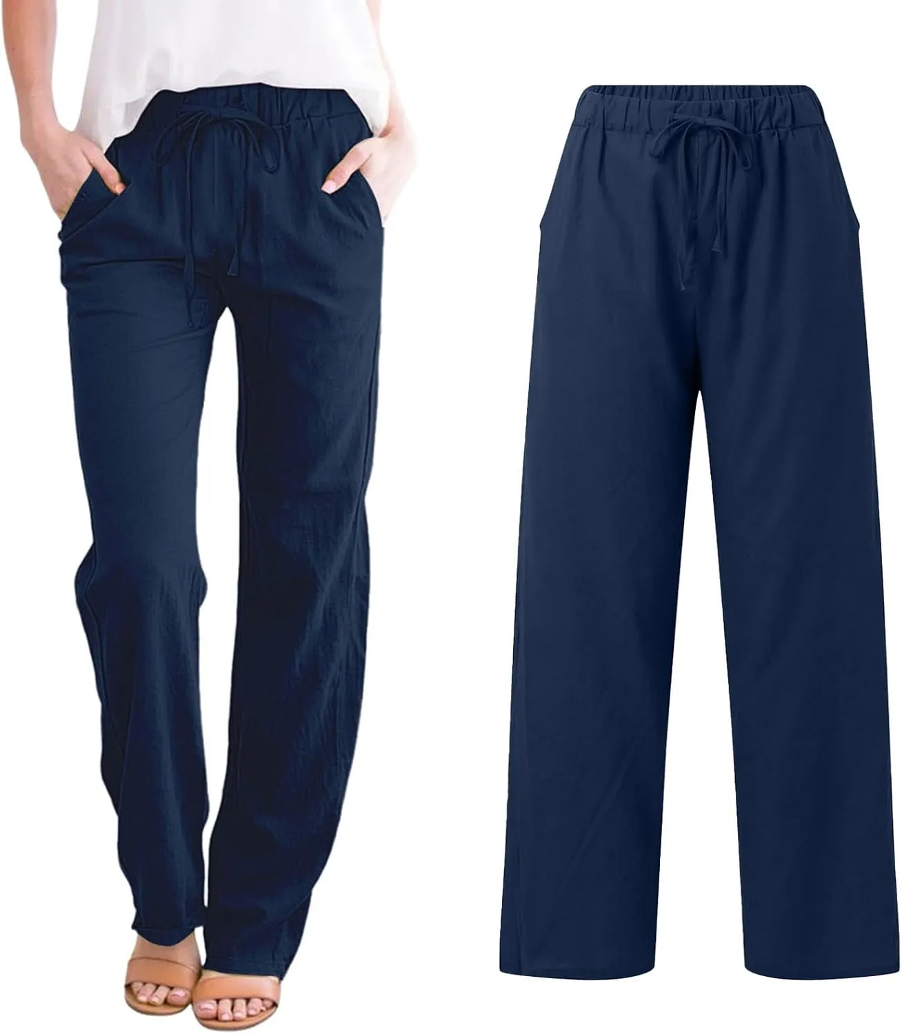 Linen Pants Women High Waist Casual Linen Pants 2025 Summer Drawstring Straight Leg Lounge Trousers with Pockets