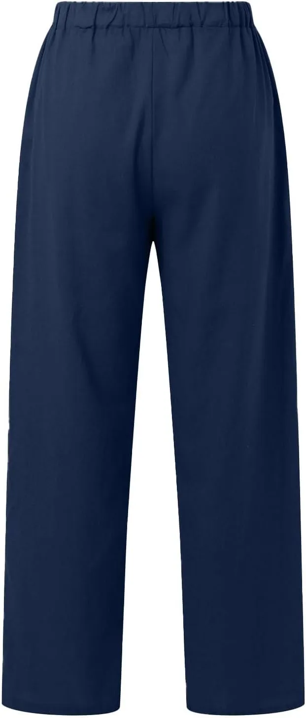 Linen Pants Women High Waist Casual Linen Pants 2025 Summer Drawstring Straight Leg Lounge Trousers with Pockets