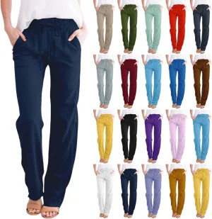Linen Pants Women High Waist Casual Linen Pants 2025 Summer Drawstring Straight Leg Lounge Trousers with Pockets