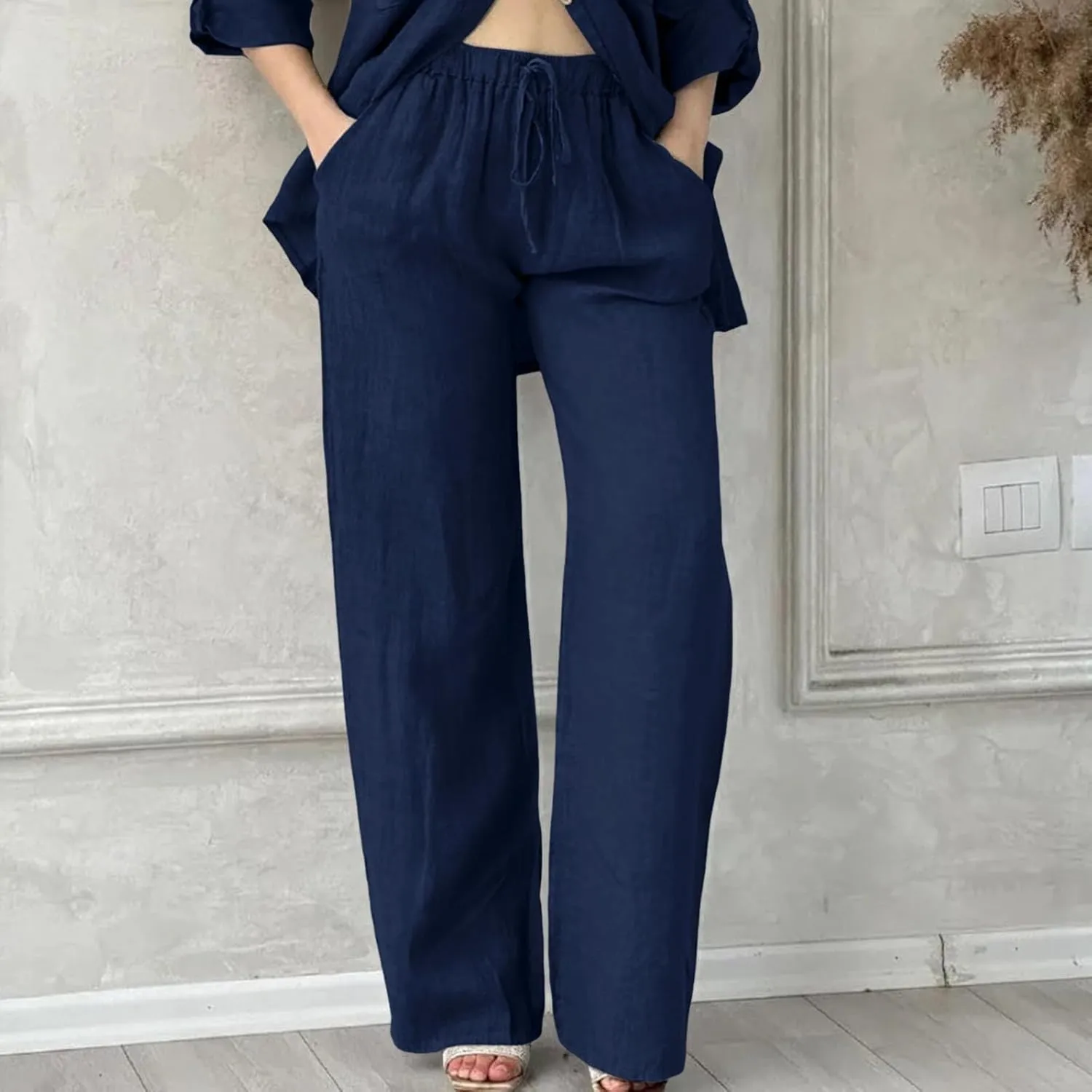 Linen Pants Women High Waist Casual Linen Pants 2025 Summer Drawstring Straight Leg Lounge Trousers with Pockets