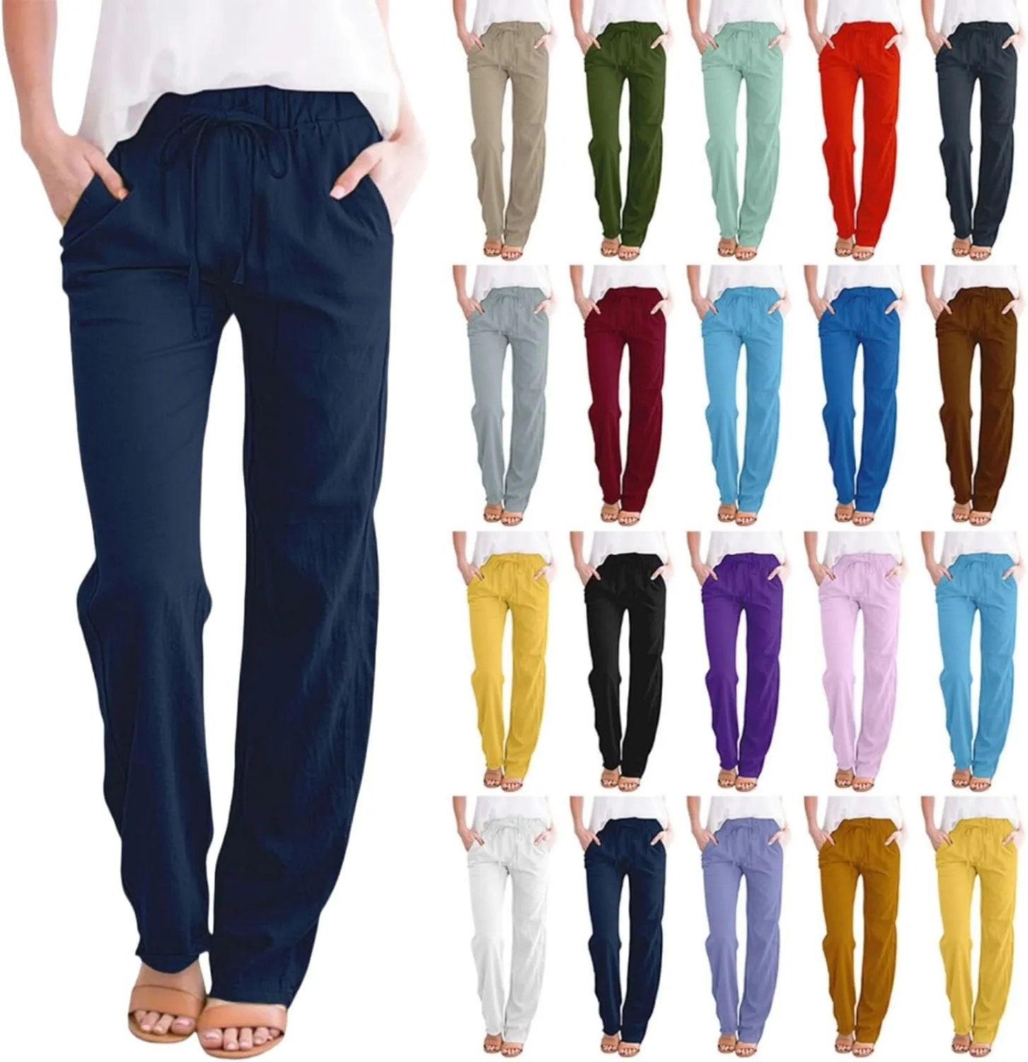 Linen Pants Women High Waist Casual Linen Pants 2025 Summer Drawstring Straight Leg Lounge Trousers with Pockets