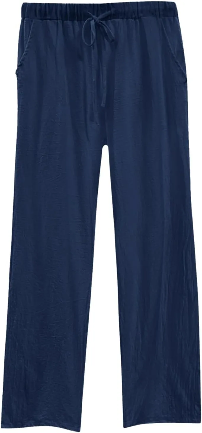 Linen Pants Women High Waist Casual Linen Pants 2025 Summer Drawstring Straight Leg Lounge Trousers with Pockets