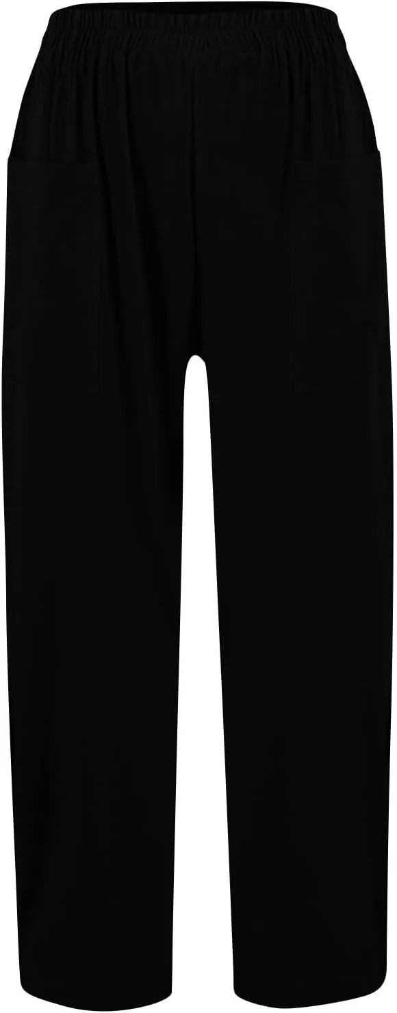 Linen Pants Women Summer Palazzo Pants Elastic High Waist Trouser Travel Wide Leg Pant with Pockets (S-2Xl)