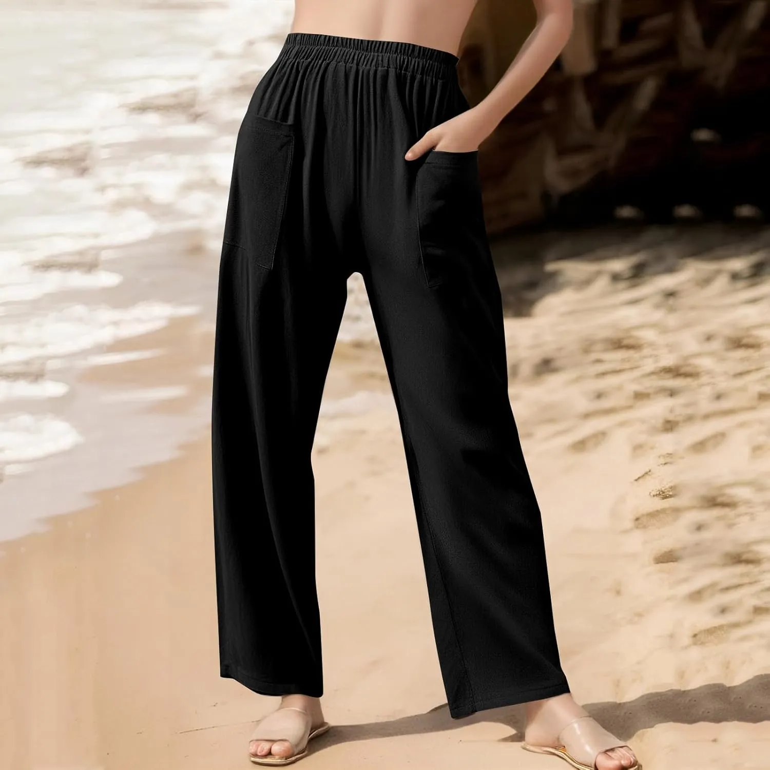 Linen Pants Women Summer Palazzo Pants Elastic High Waist Trouser Travel Wide Leg Pant with Pockets (S-2Xl)