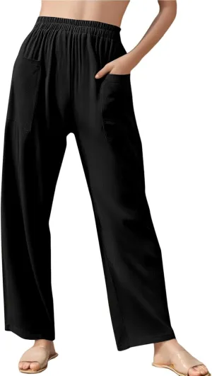 Linen Pants Women Summer Palazzo Pants Elastic High Waist Trouser Travel Wide Leg Pant with Pockets (S-2Xl)