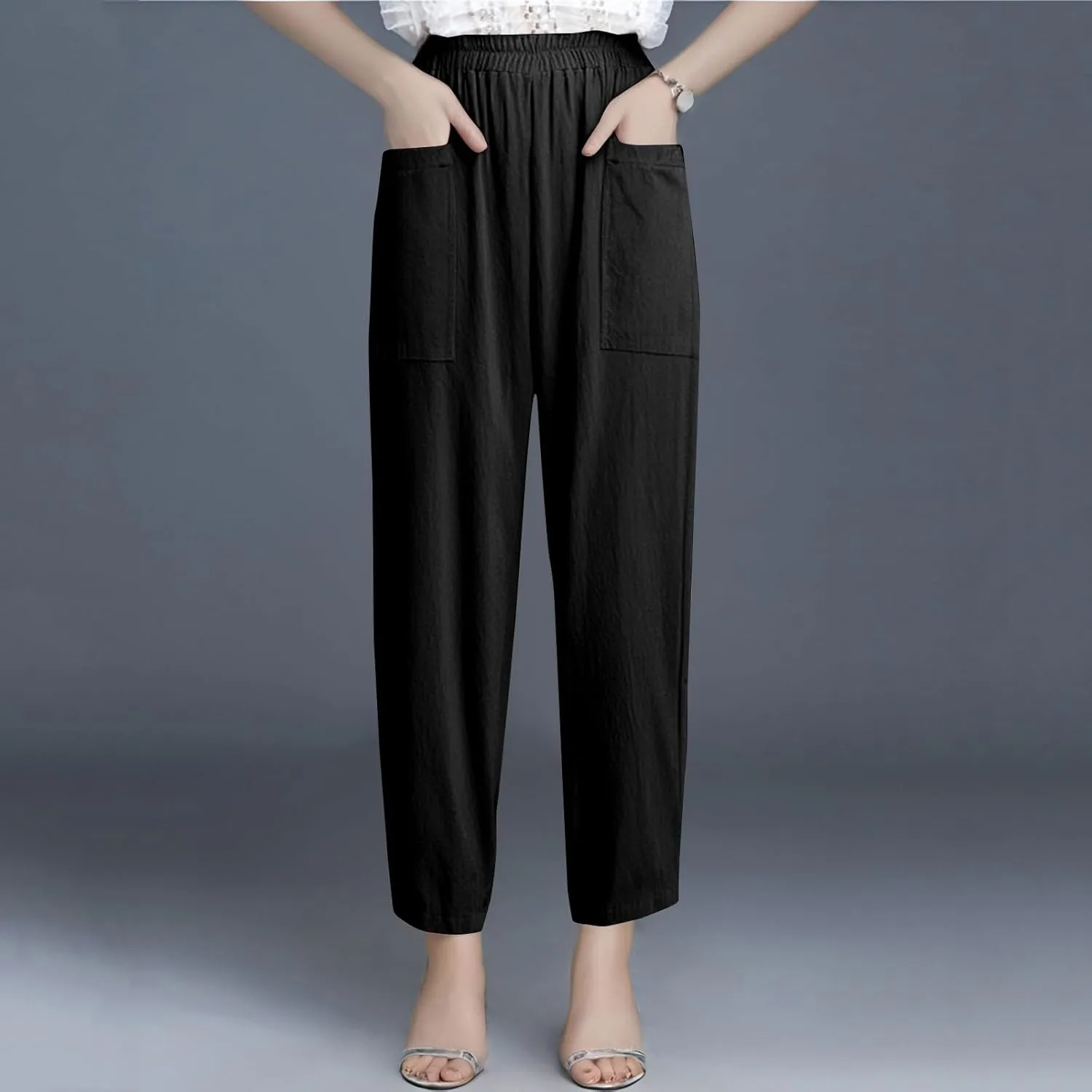 Linen Pants Women Summer Palazzo Pants Elastic High Waist Trouser Travel Wide Leg Pant with Pockets (S-2Xl)