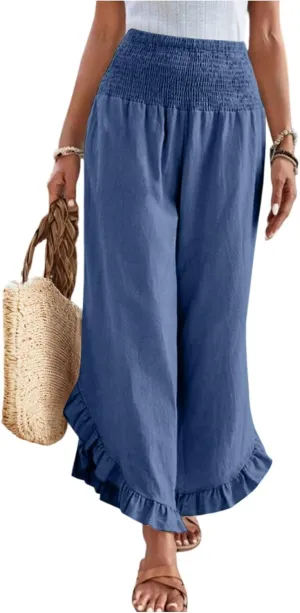 Linen Pants Women Summer Wide Leg Pants Casual Solid Color Elastic Smocked Waist Ruffle Hem Pant Boho Flowy Beach Pant