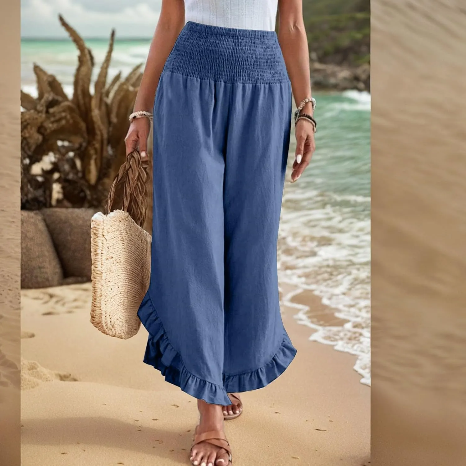 Linen Pants Women Summer Wide Leg Pants Casual Solid Color Elastic Smocked Waist Ruffle Hem Pant Boho Flowy Beach Pant