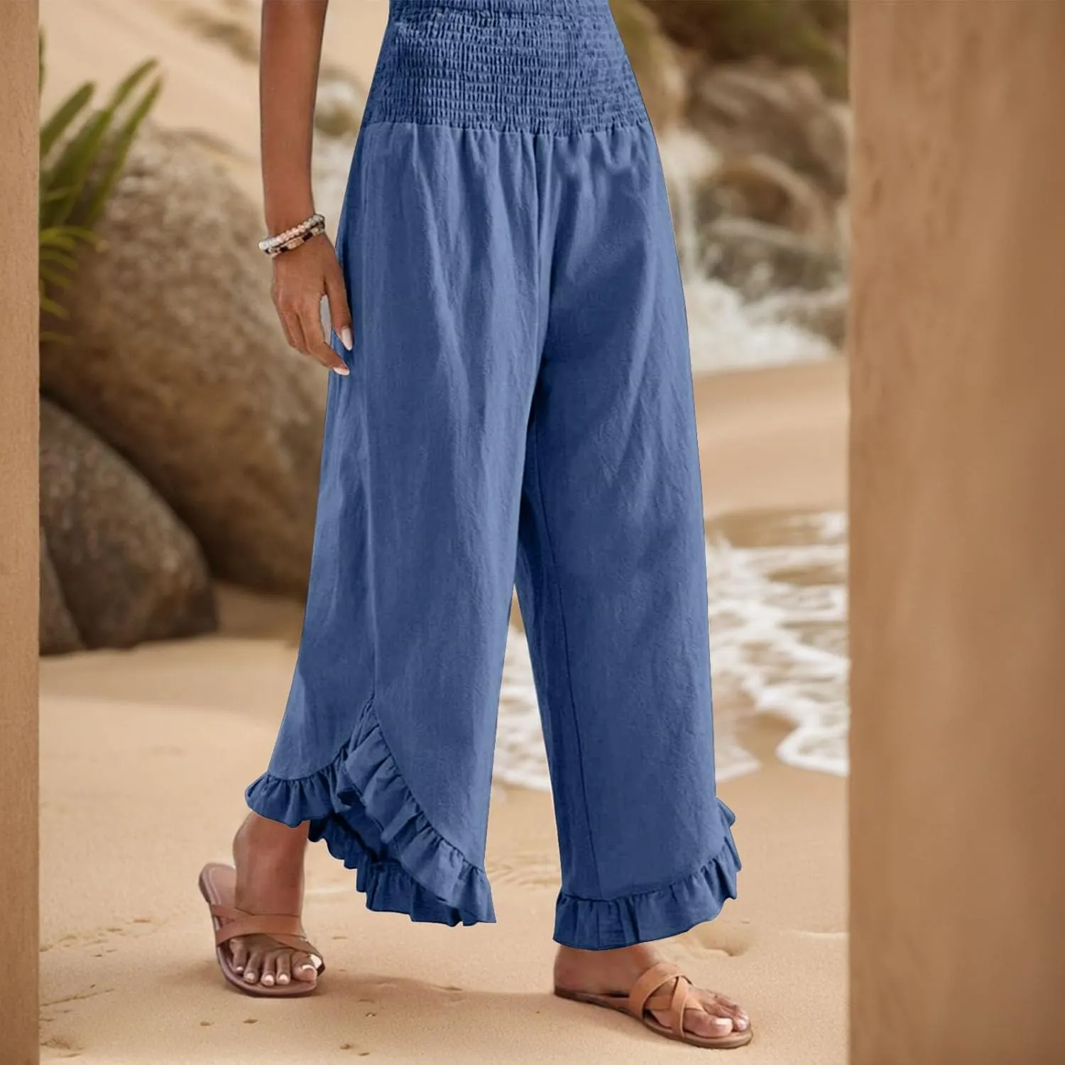Linen Pants Women Summer Wide Leg Pants Casual Solid Color Elastic Smocked Waist Ruffle Hem Pant Boho Flowy Beach Pant