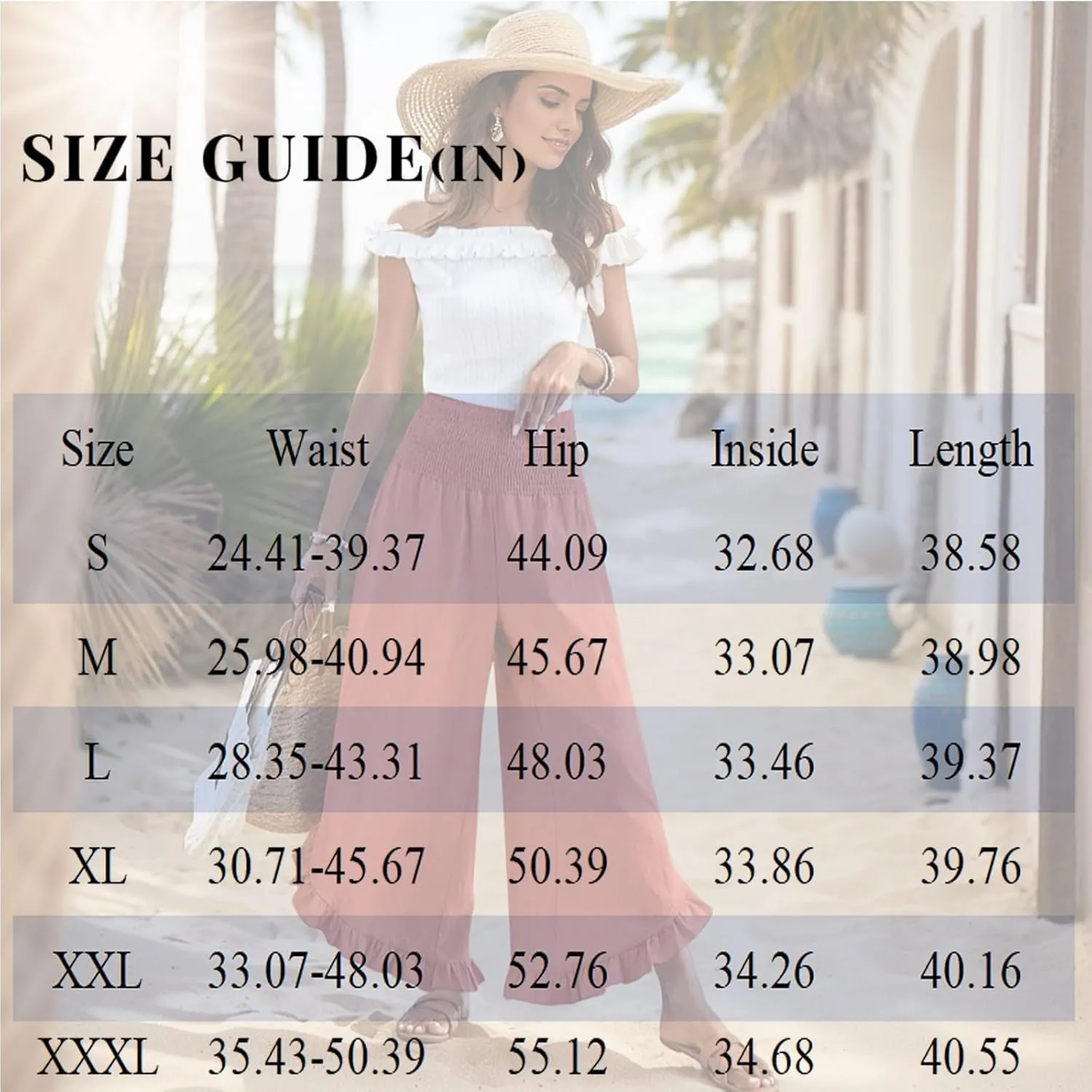 Linen Pants Women Summer Wide Leg Pants Casual Solid Color Elastic Smocked Waist Ruffle Hem Pant Boho Flowy Beach Pant