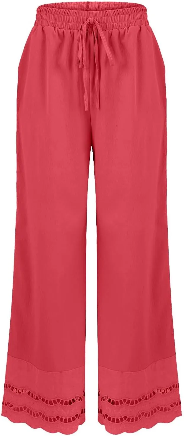 Linen Pants Women Wide Leg Cropped Lounge Trousers Drawstring Elastic Waist Summer Boho Palazzo Flowy Pant Outfits