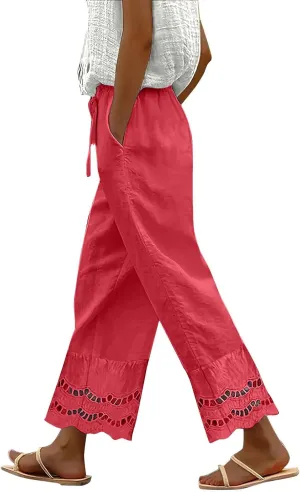 Linen Pants Women Wide Leg Cropped Lounge Trousers Drawstring Elastic Waist Summer Boho Palazzo Flowy Pant Outfits