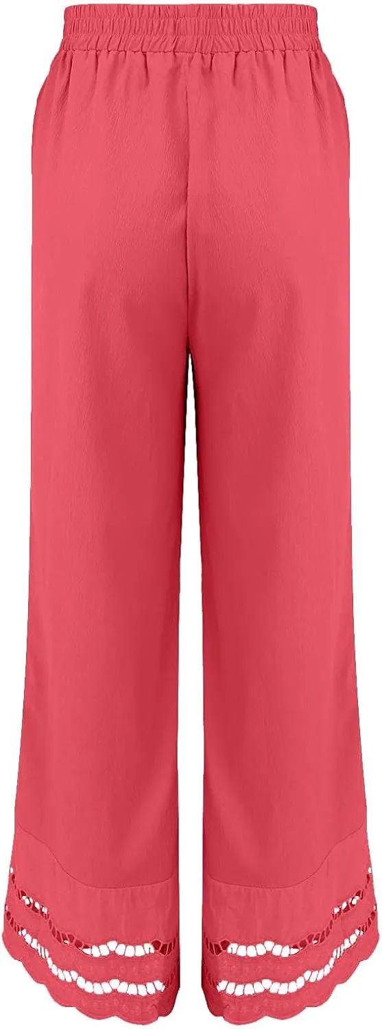 Linen Pants Women Wide Leg Cropped Lounge Trousers Drawstring Elastic Waist Summer Boho Palazzo Flowy Pant Outfits