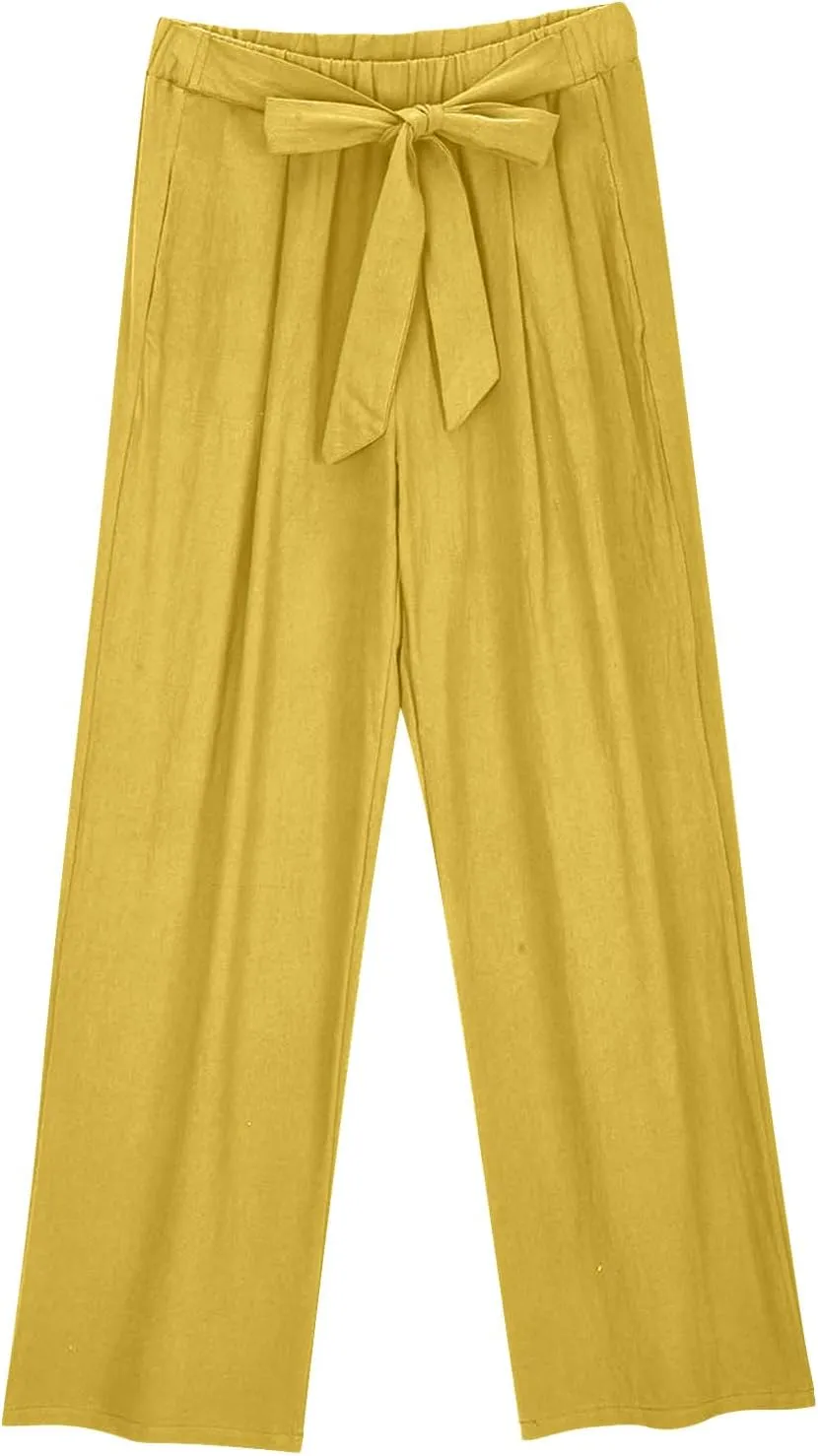 Linen Pants Women Wide Leg High Waist Adjustable Knot Summer Dressy Casual Drawstring Trousers Flowy Palazzo Pants