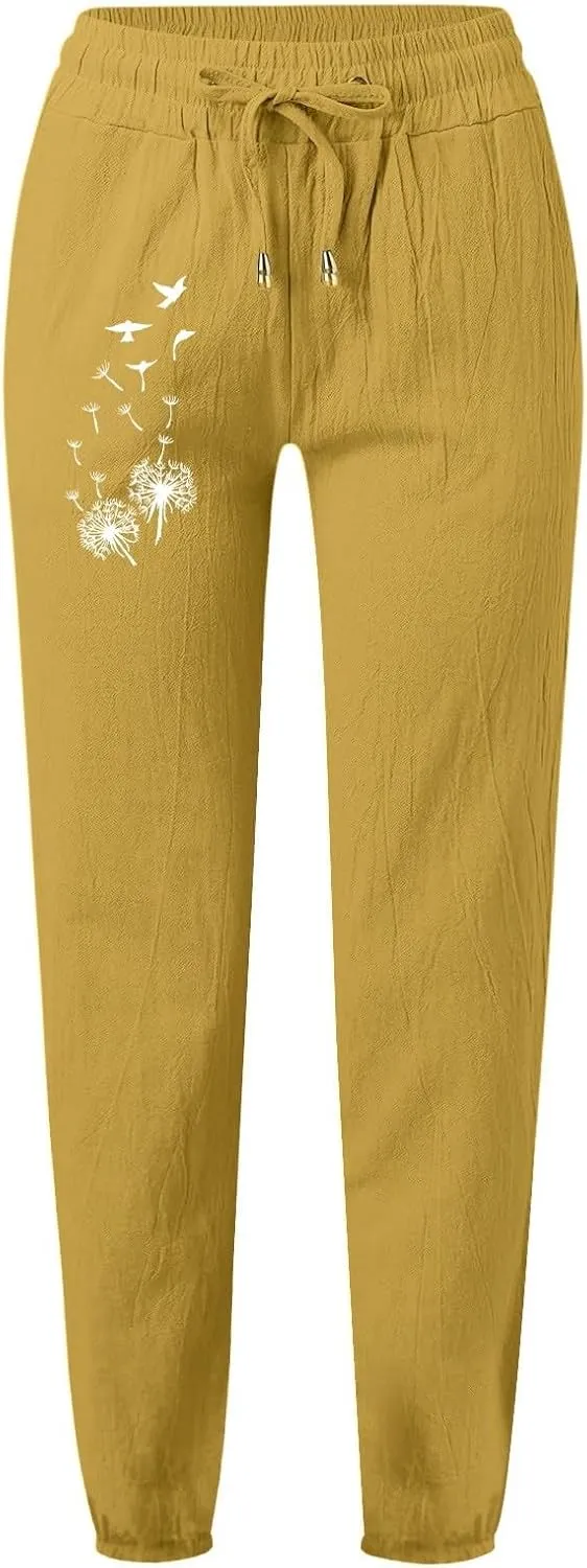 Linen Trousers Pants for Women Casual Summer Solid Color Straight Leg Beach High Waisted Linen Pants Comfy Lounge Trousers