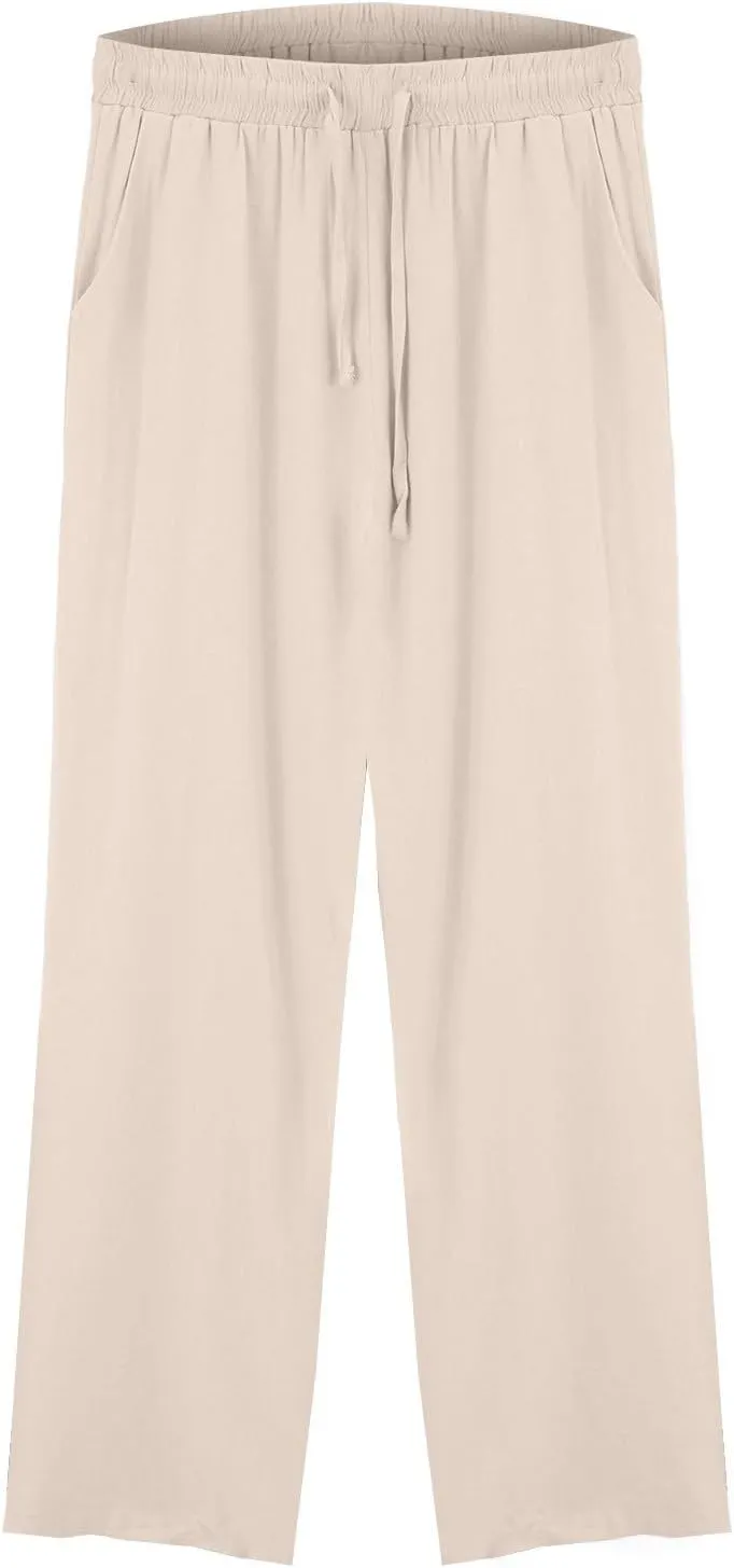 Linen Wide Leg Checkered Trousers Leg Pants Casual Baggy Elastic Waistband with Pockets Fashionable Pants Casua
