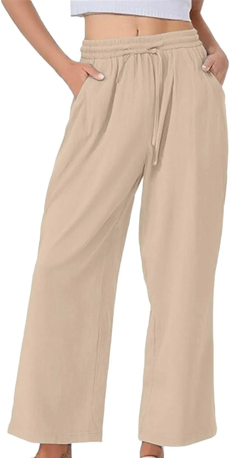 Linen Wide Leg Checkered Trousers Leg Pants Casual Baggy Elastic Waistband with Pockets Fashionable Pants Casua