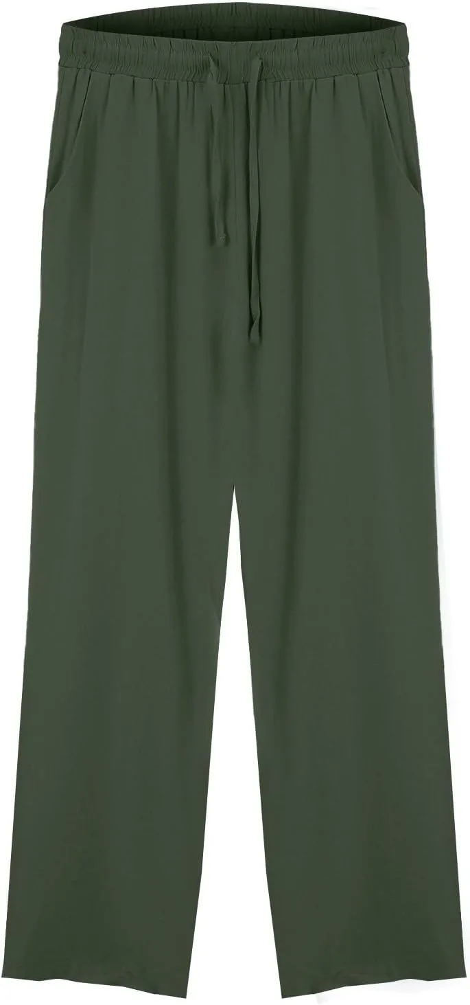 Linen Wide Leg Checkered Trousers Leg Pants Casual Baggy Elastic Waistband with Pockets Fashionable Pants Casua