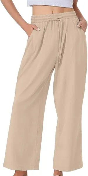 Linen Wide Leg Checkered Trousers Leg Pants Casual Baggy Elastic Waistband with Pockets Fashionable Pants Casua