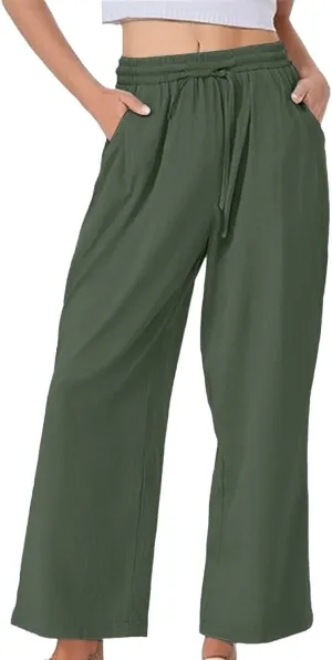Linen Wide Leg Checkered Trousers Leg Pants Casual Baggy Elastic Waistband with Pockets Fashionable Pants Casua