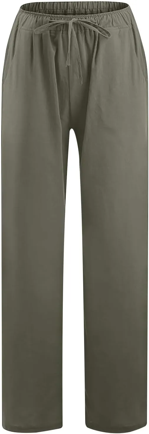Lmdudan 2 Pc Cotton Linen Pants for Women Beach Pant Plus Size Wide Leg Sweatpants 2025 Summer Cropped Elastic Waist Trousers