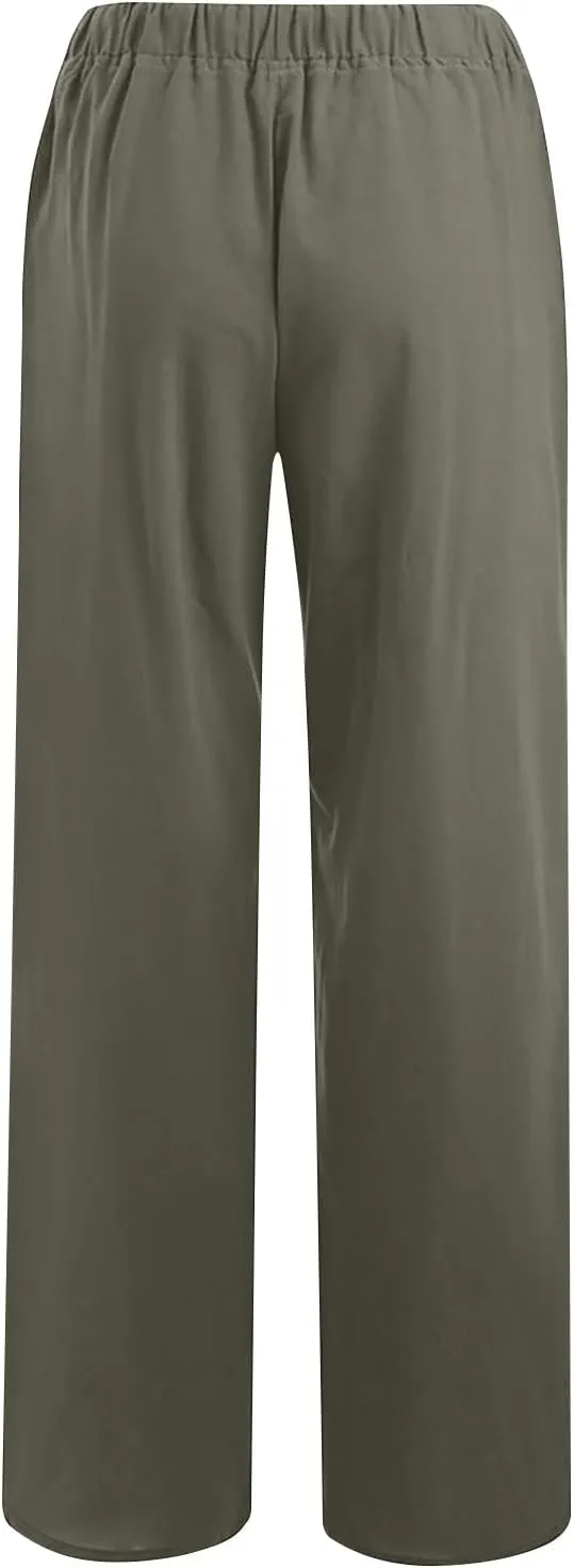 Lmdudan 2 Pc Cotton Linen Pants for Women Beach Pant Plus Size Wide Leg Sweatpants 2025 Summer Cropped Elastic Waist Trousers