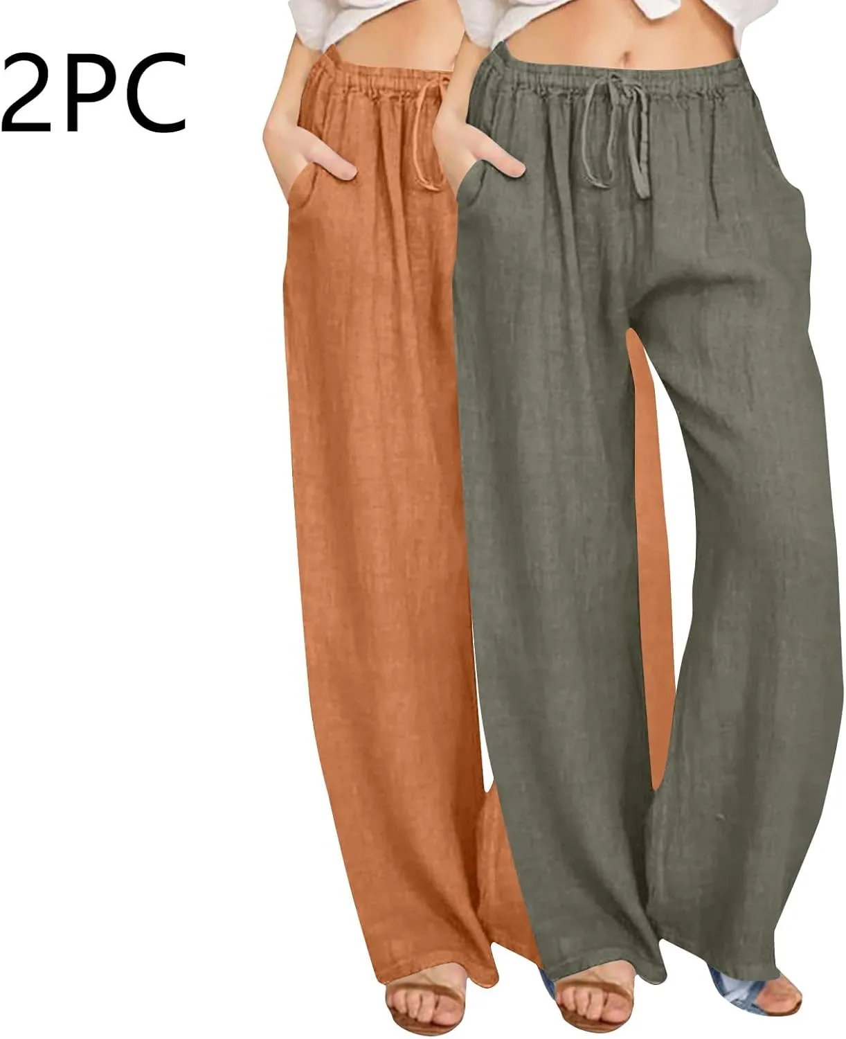 Lmdudan 2 Pc Cotton Linen Pants for Women Beach Pant Plus Size Wide Leg Sweatpants 2025 Summer Cropped Elastic Waist Trousers