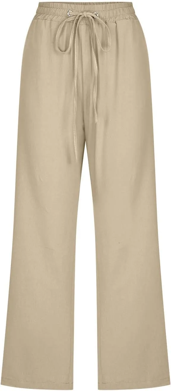 Lmdudan 2025 Capri Pants for Women Summer Drawstring Capris Linen Pants Beach Straight Wide Leg Cropped Trousers with Pockets