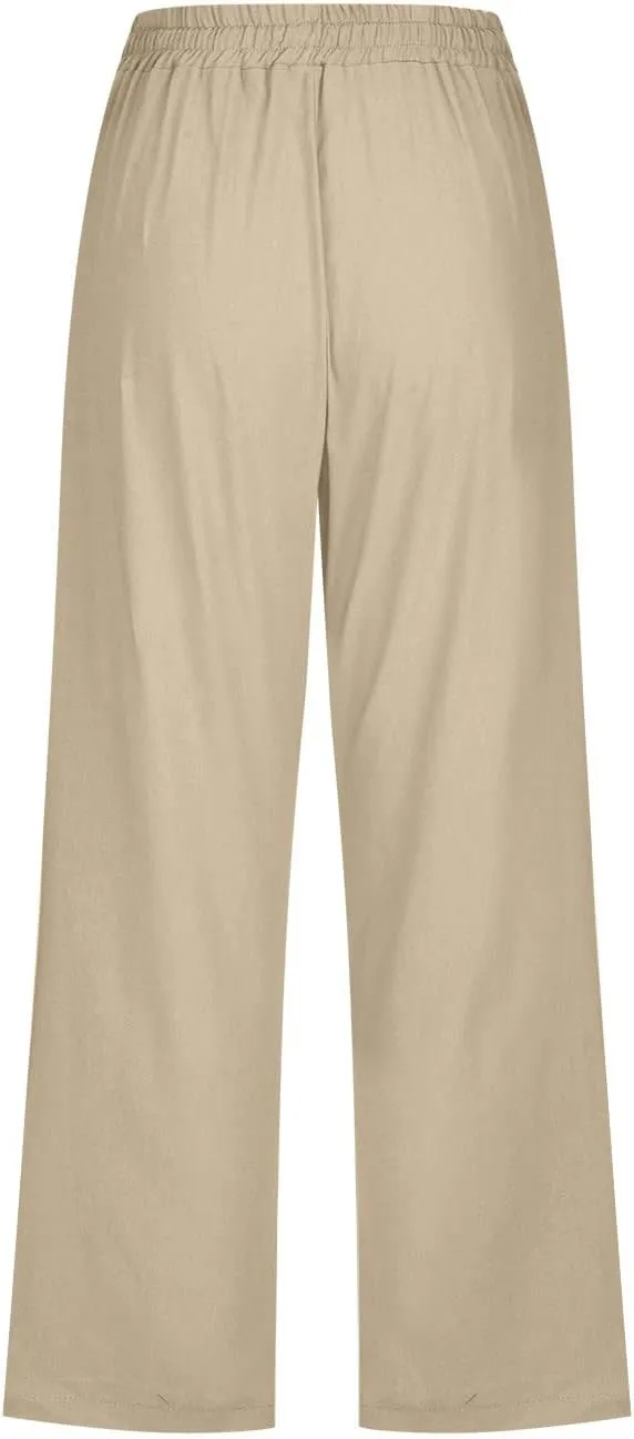 Lmdudan 2025 Capri Pants for Women Summer Drawstring Capris Linen Pants Beach Straight Wide Leg Cropped Trousers with Pockets