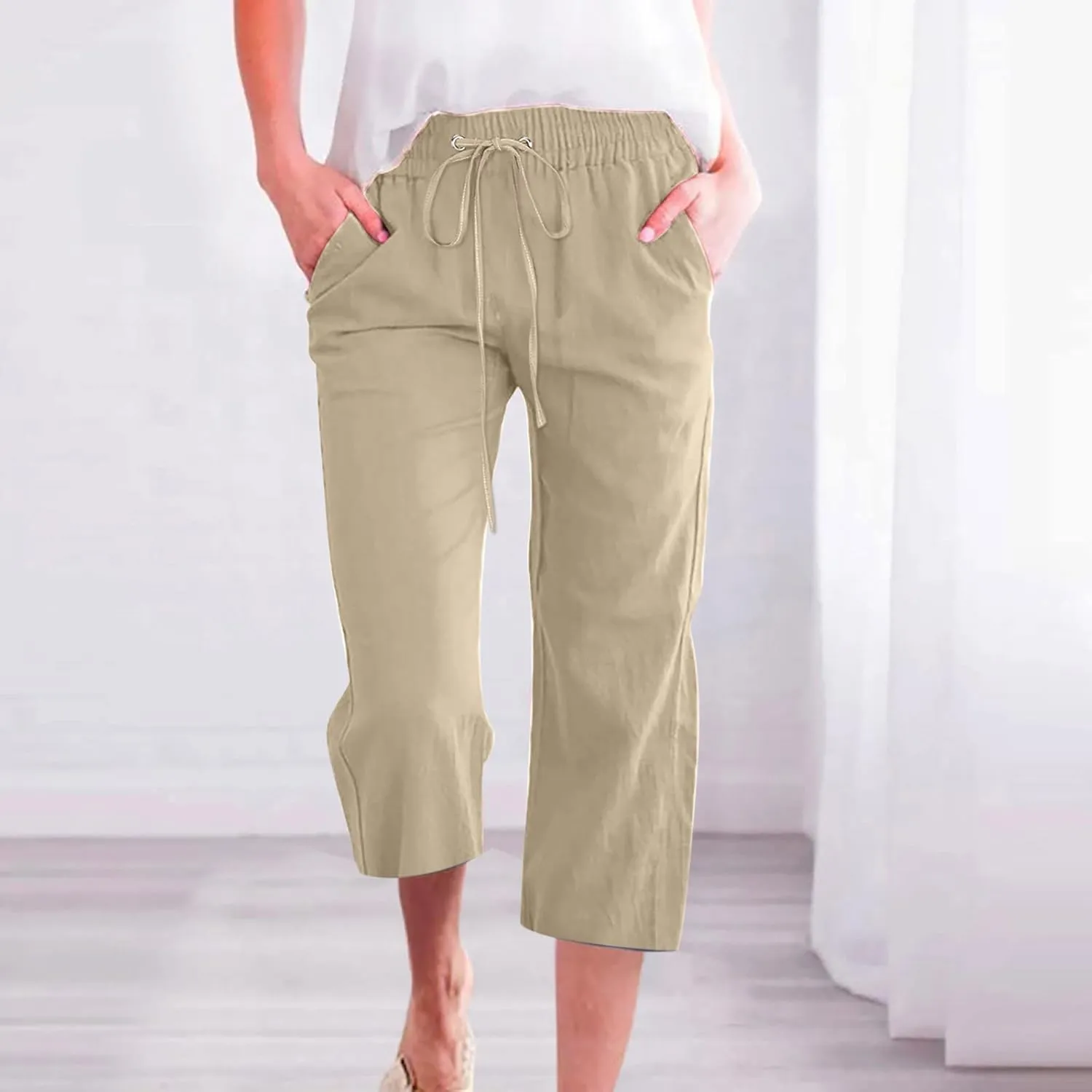 Lmdudan 2025 Capri Pants for Women Summer Drawstring Capris Linen Pants Beach Straight Wide Leg Cropped Trousers with Pockets