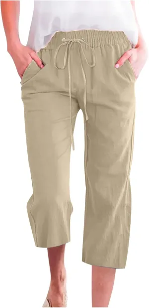 Lmdudan 2025 Capri Pants for Women Summer Drawstring Capris Linen Pants Beach Straight Wide Leg Cropped Trousers with Pockets