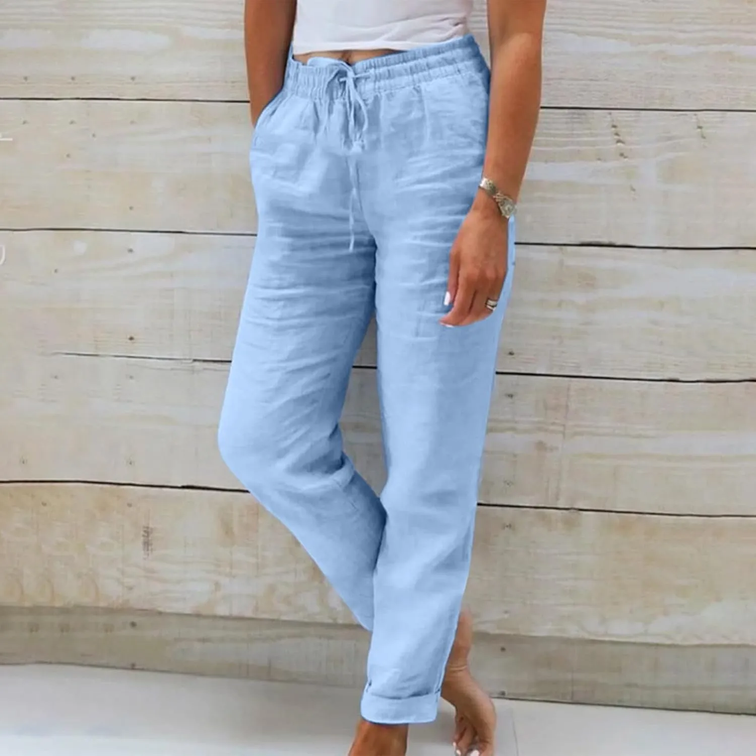 Lmdudan 2025 Cotton Linen Pants for Women Drawstring Elastic Waist Pants Wide Leg Sweatpants Summer Beach Pants Trousers