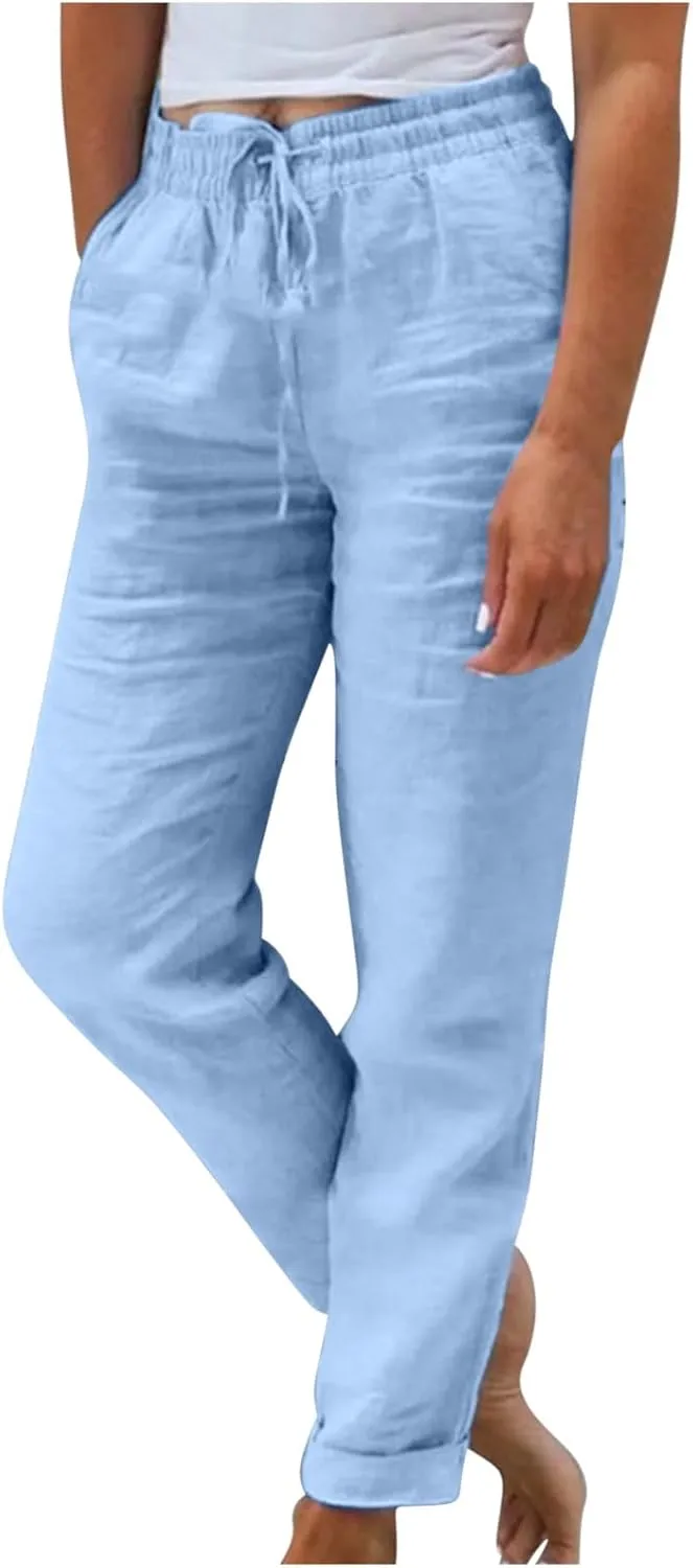Lmdudan 2025 Cotton Linen Pants for Women Drawstring Elastic Waist Pants Wide Leg Sweatpants Summer Beach Pants Trousers