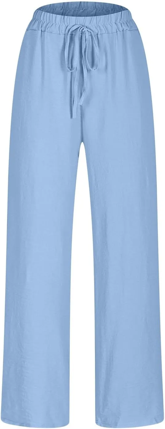 Lmdudan 2025 Cotton Linen Pants for Women Drawstring Elastic Waist Pants Wide Leg Sweatpants Summer Beach Pants Trousers