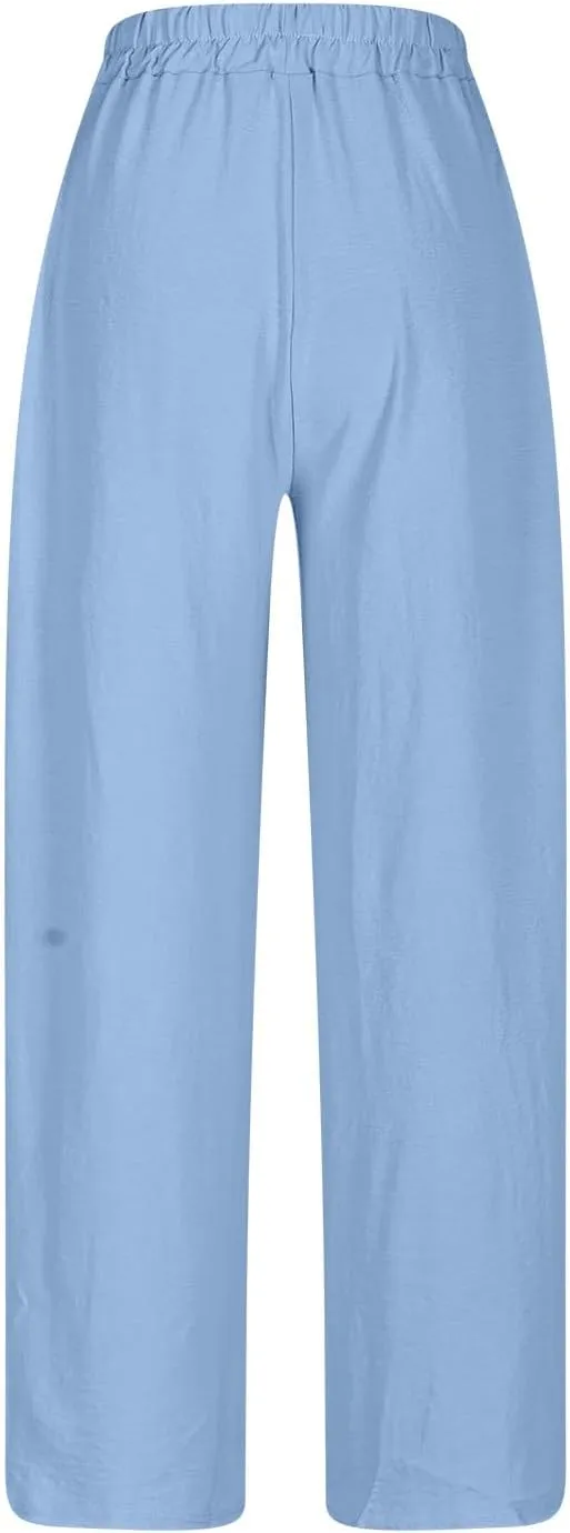 Lmdudan 2025 Cotton Linen Pants for Women Drawstring Elastic Waist Pants Wide Leg Sweatpants Summer Beach Pants Trousers